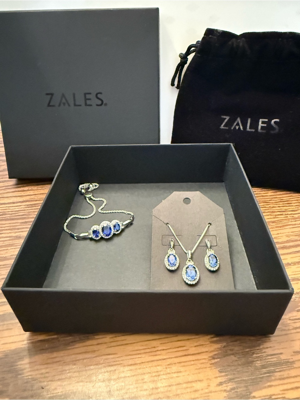 925 Lab Created Sapphire Halo Necklace, Boho Bracelet, and Drop Earrings Set